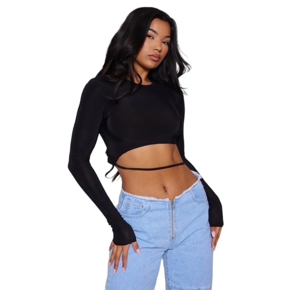 Pretty Little Thing Black Slinky Long Sleeve Crop Top Size 6